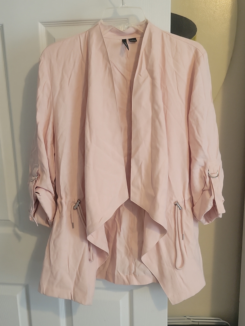 new directions sxLG Light Pink Draped open front Shacket with Drawcord Details